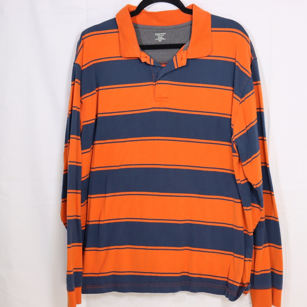 St‎ Johns Bay Polo Shirt Mens XL Orange Blue Striped Long Sleeve Sueded Jersey